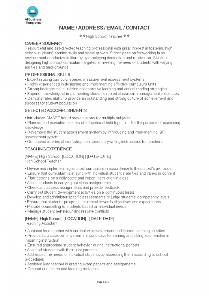 High School Teacher Resume .Docx (Word)