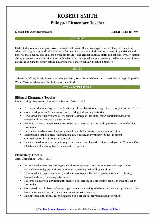 Download Free Bilingual Elementary Teacher Resume Docx Word Template 