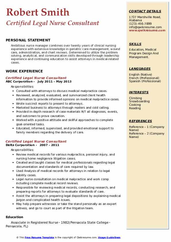 Download Free Certified Legal Nurse Consultant Resume Docx (Word