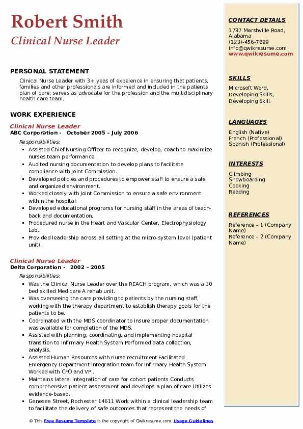 Clinical Nurse Leader Resume .Docx (Word)