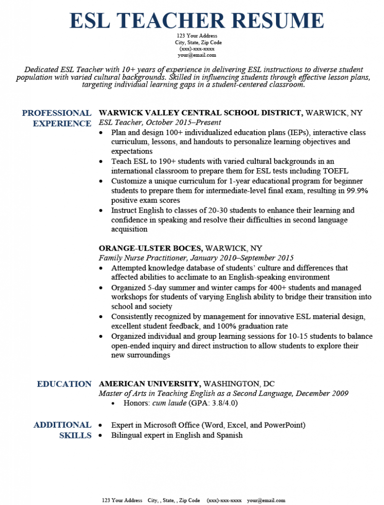 ESL Teacher Resume .Docx (Word)