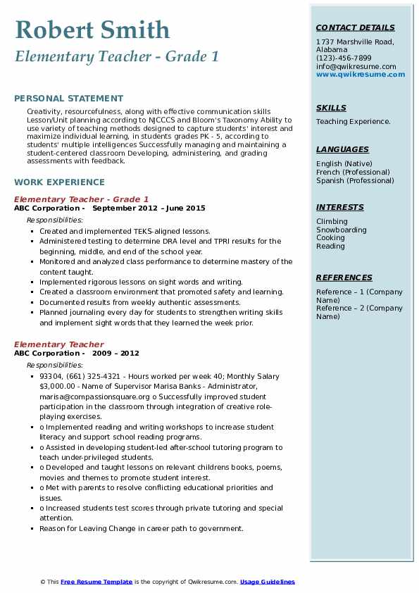 Download Free Elementary Teacher Grade 1 Resume Docx Word Template 
