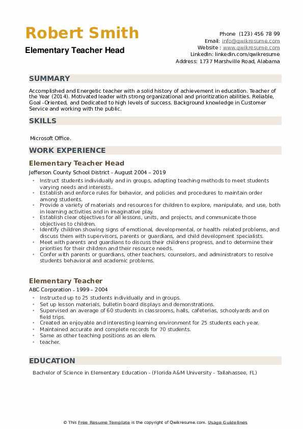 Elementary Teacher Head Resume .Docx (Word)
