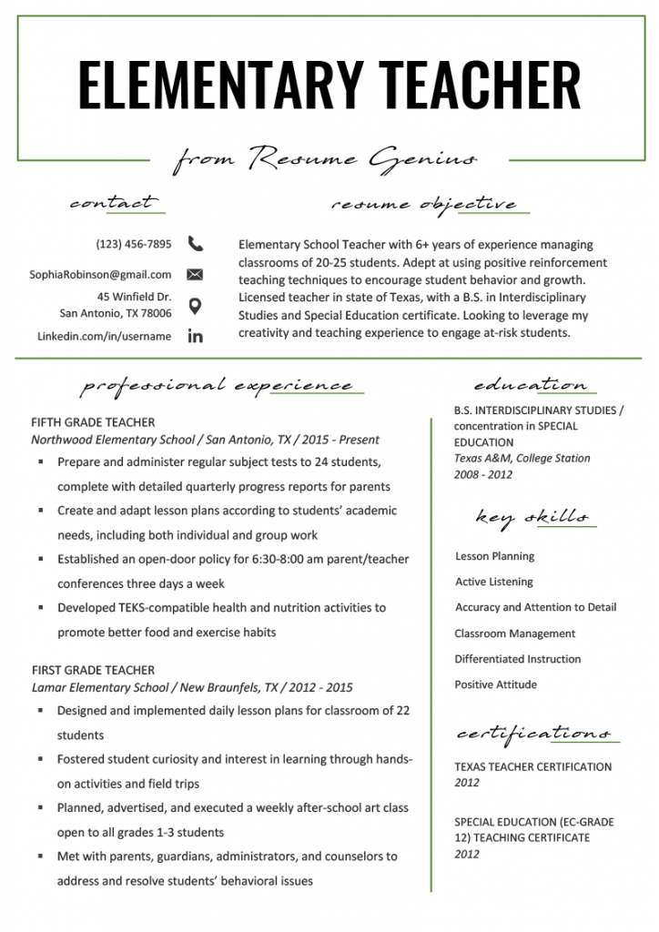 Elementary Teacher Resume Example .Docx (Word)