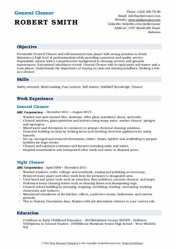 objective for resume example cleaner