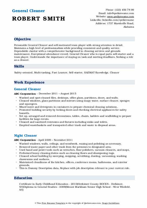 Resume Format For Cleaner Job