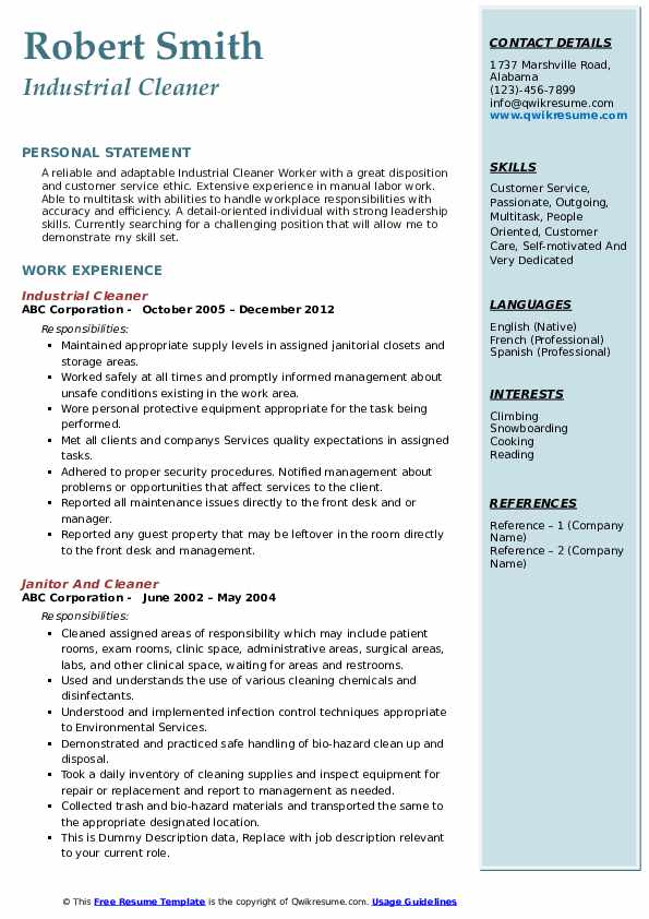 Industrial Cleaner Resume .Docx (Word)