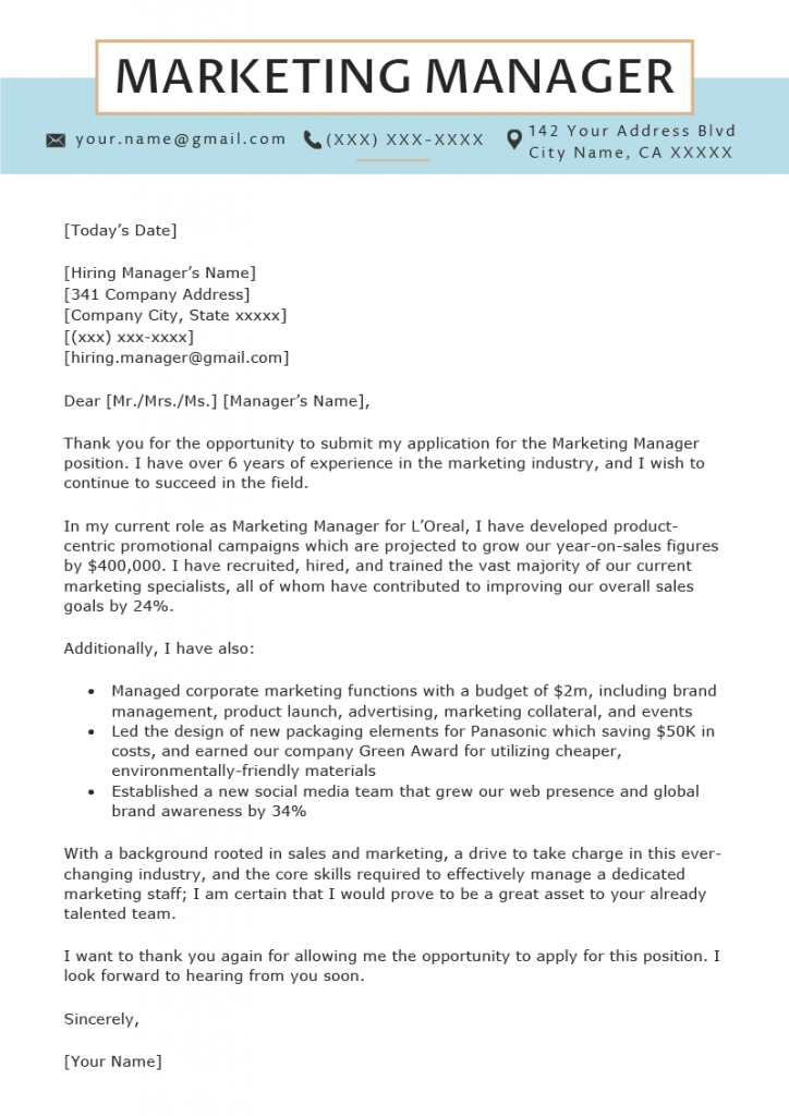 cover letter for marketing manager examples