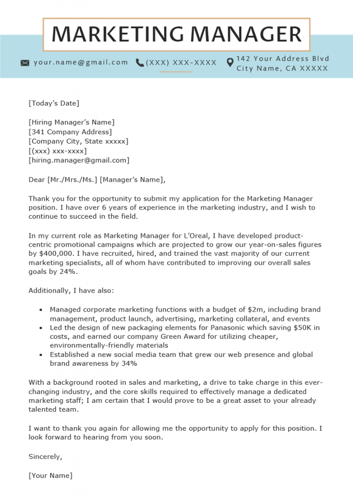 cover letter template marketing manager