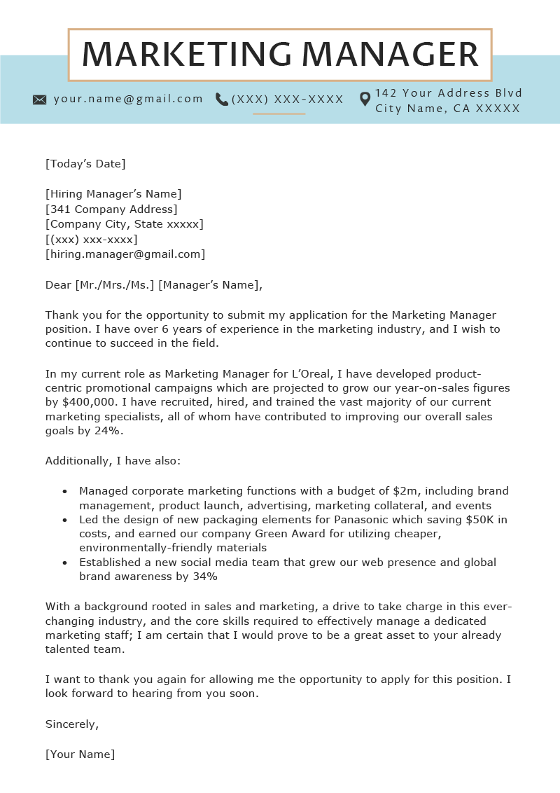 marketing head cover letter