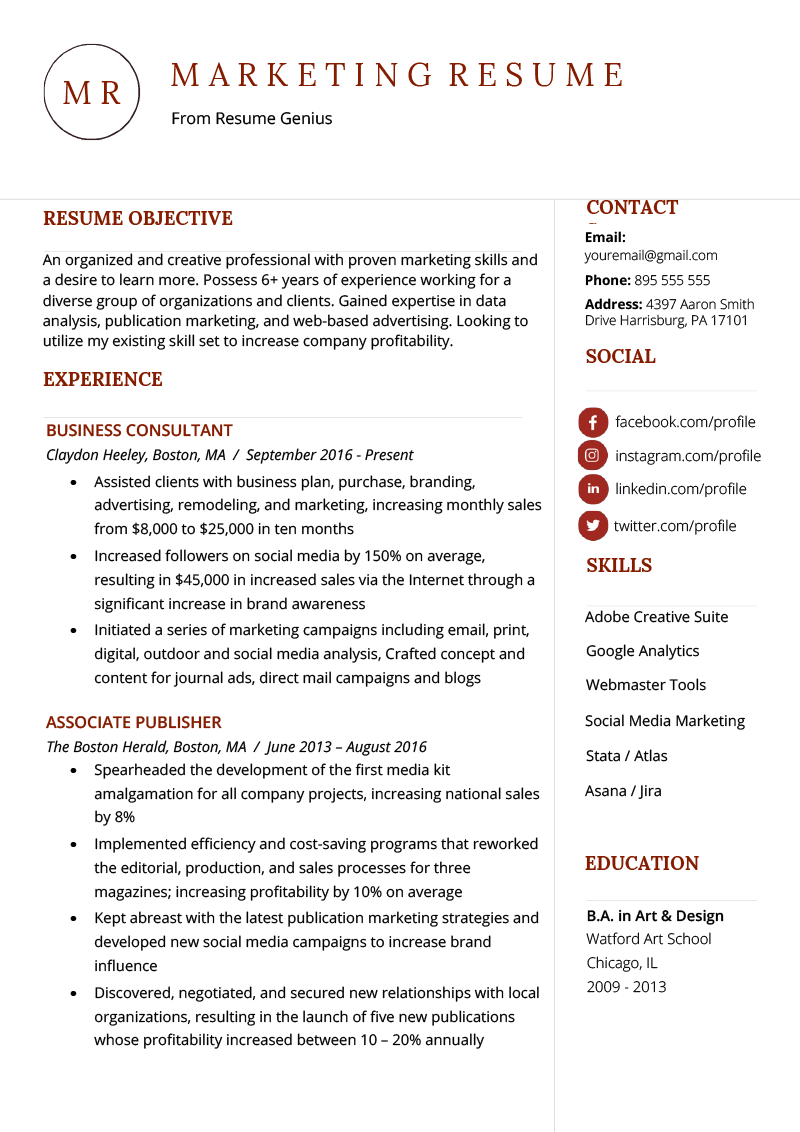 resume objective examples marketing