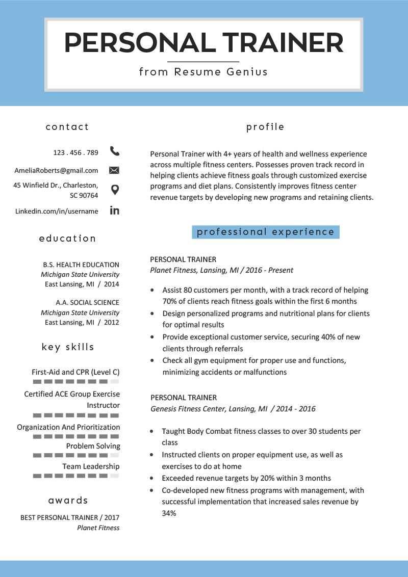 Download Free Personal Trainer Resume Sample > Personal Trainer Resume