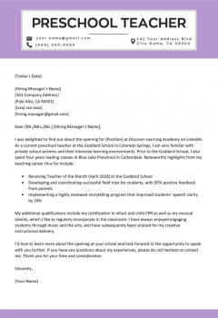 Preschool Teacher Cover Letter Example .Docx (Word)
