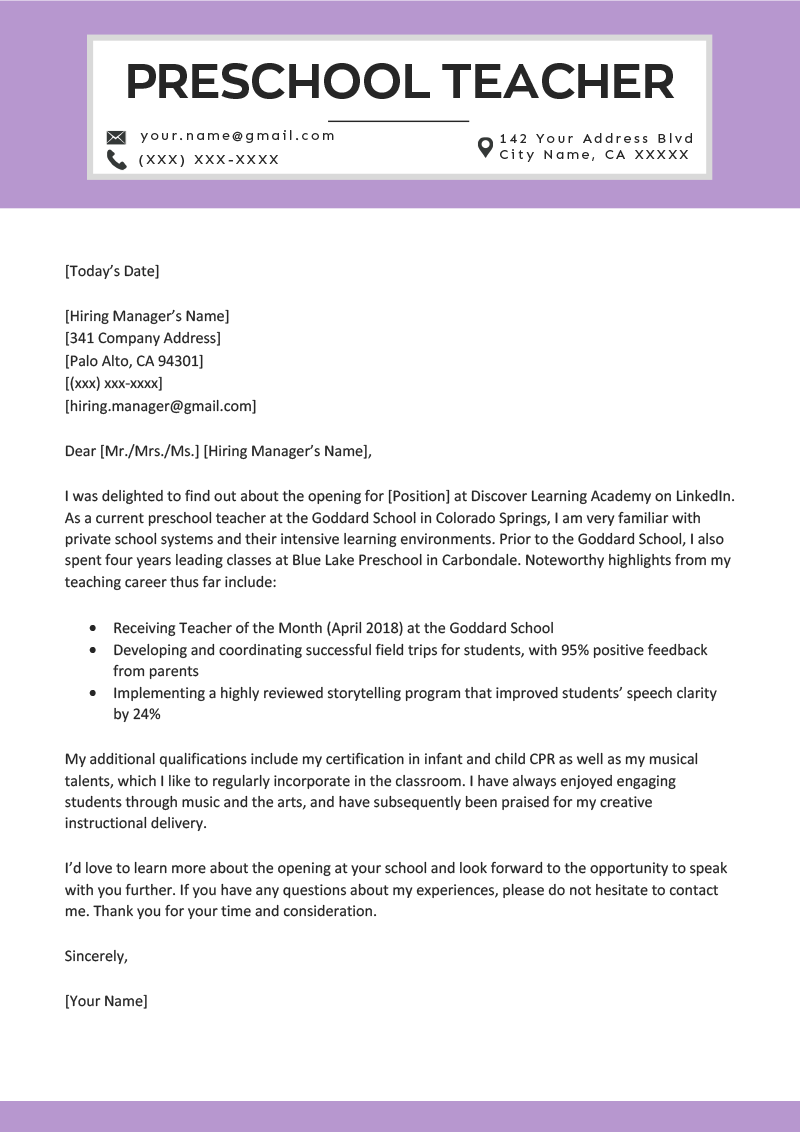 School Teacher Cover Letter Sample