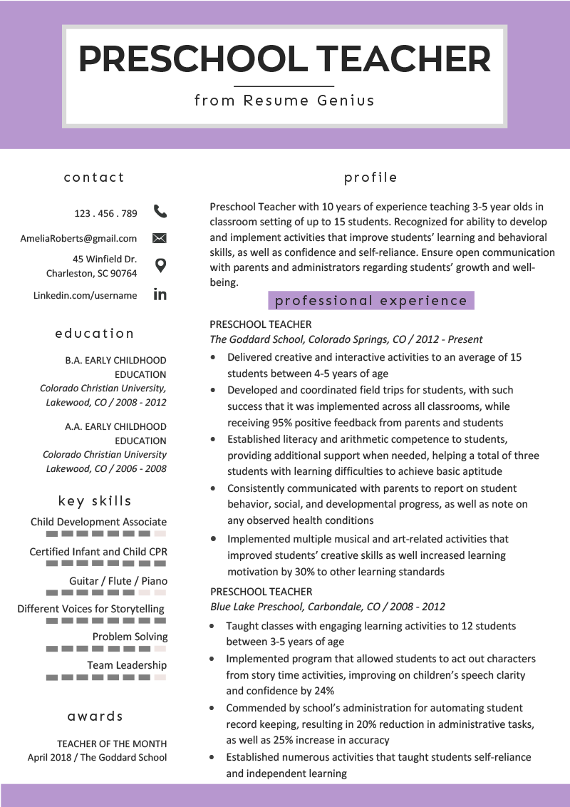 Preschool Teacher Resume Template Free Printable Templates