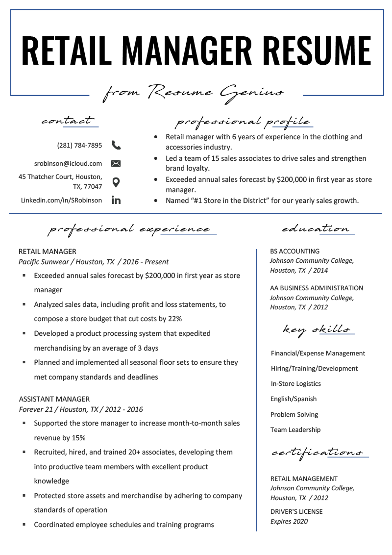 Download Free Retail Manager Resume Example > Retail Manager Resume