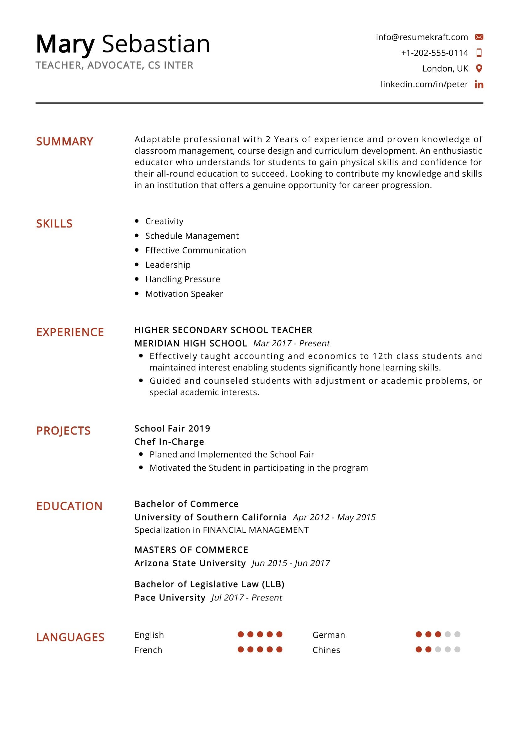 resume format for secondary school teachers