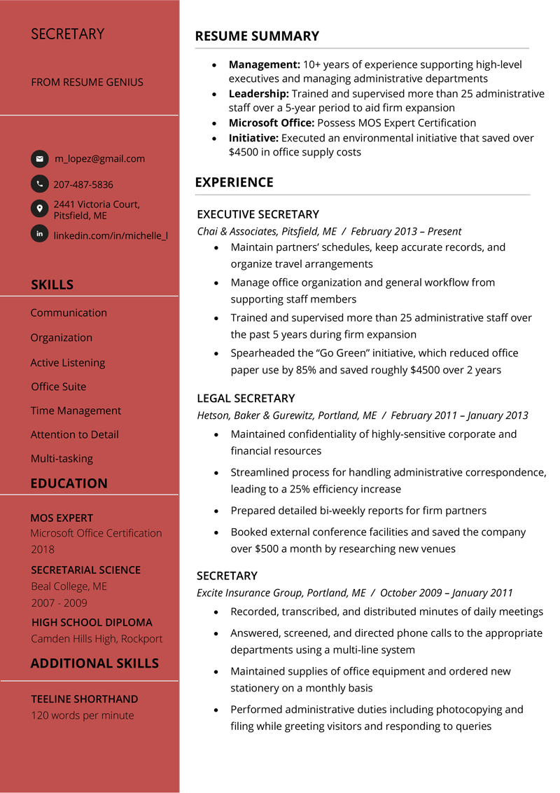 sample resume for a secretary