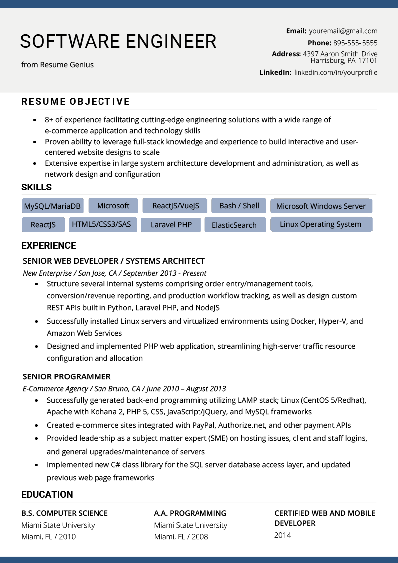 Download Free Software Engineer Resume Example > Software Engineer