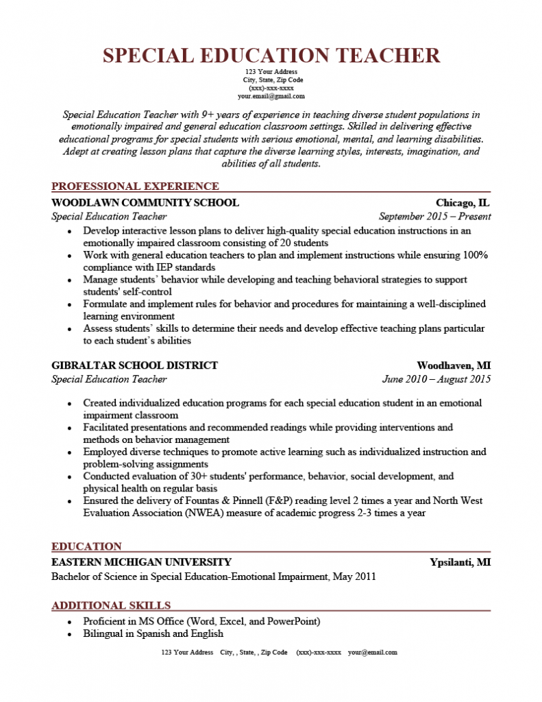 Special Education Teacher Resume .Docx (Word)