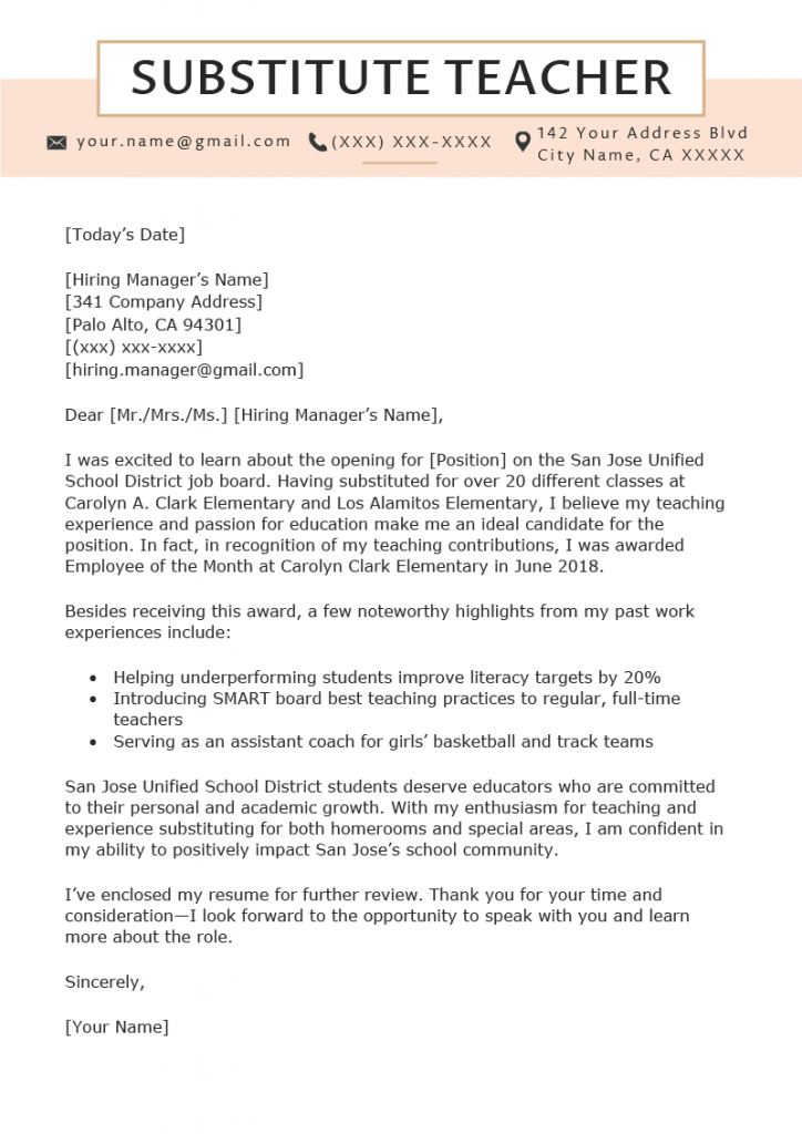 Download Free Substitute Teacher Cover Letter Example Docx Word Template On