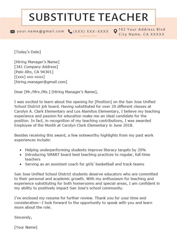 Download Free Substitute Teacher Cover Letter Example Docx Word 