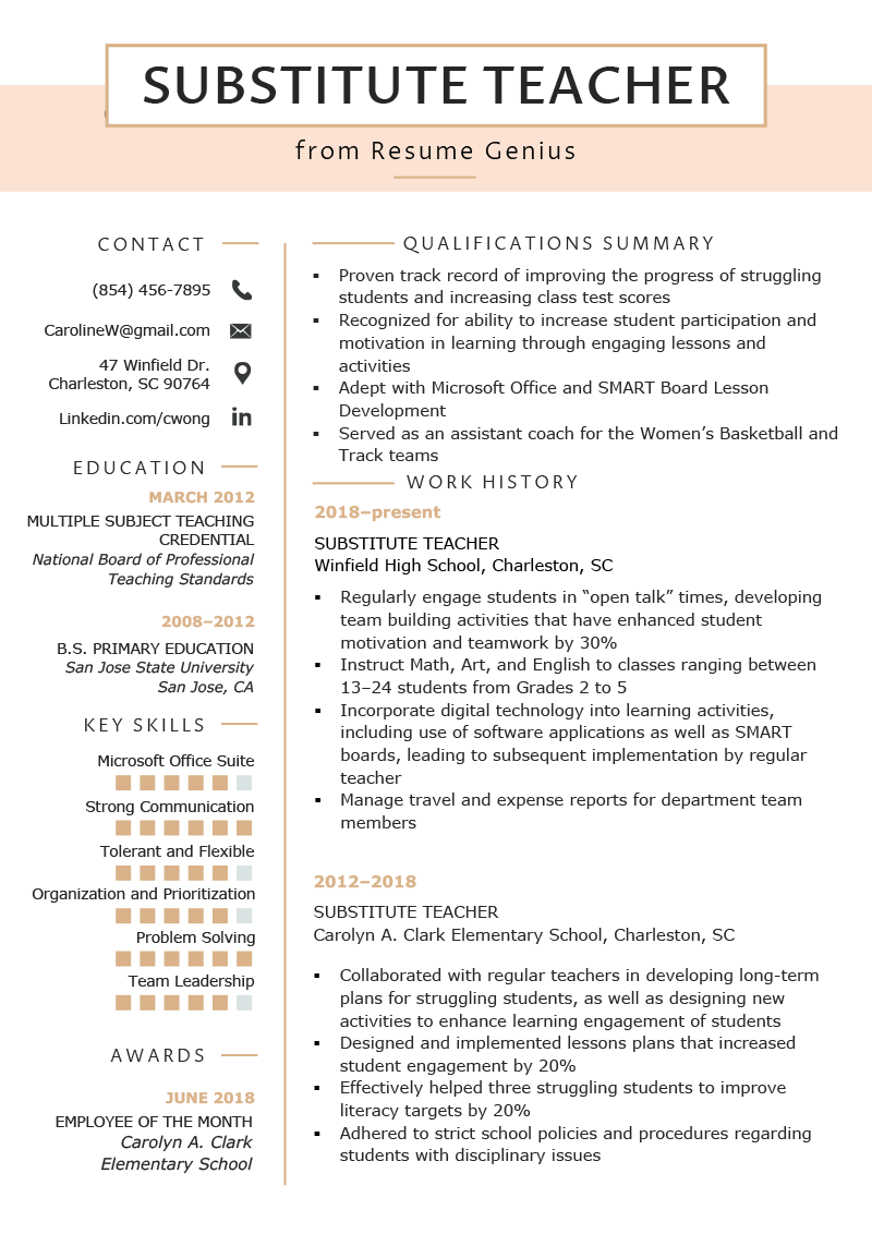 Substitute Teacher Resume Example .Docx (Word)