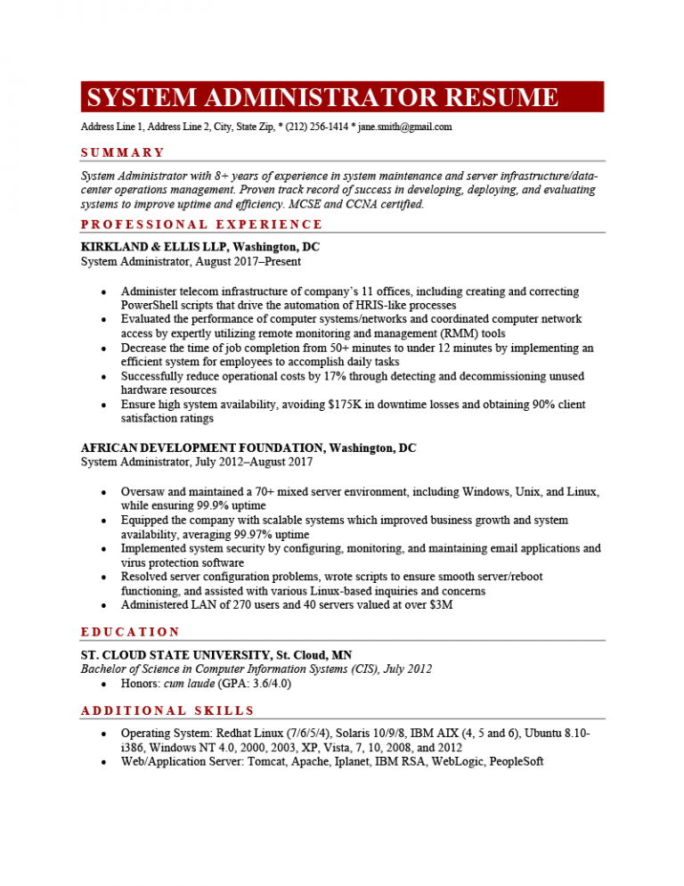 Download Free System Administrator Resume > System Administrator Resume ...