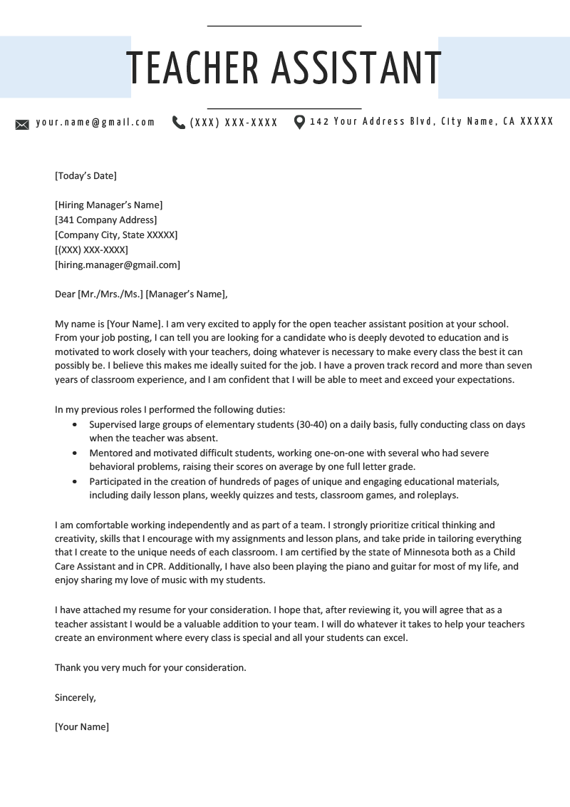 Download Free Teacher Assistant Cover Letter Example .Docx (Word