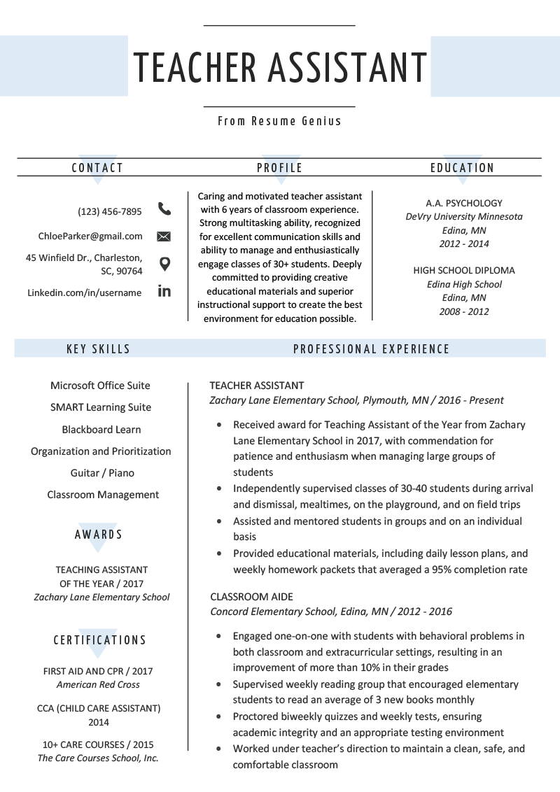 free resume templates for teacher assistants