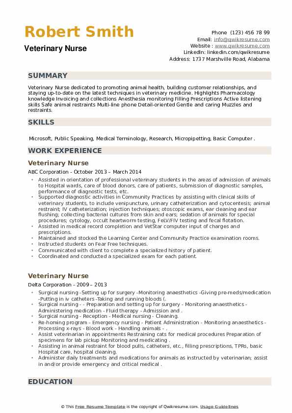 Download Free Veterinary Nurse Resume .Docx (Word) Template on