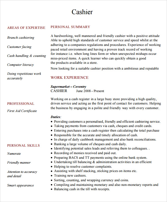 sample resume for restaurant cashier position