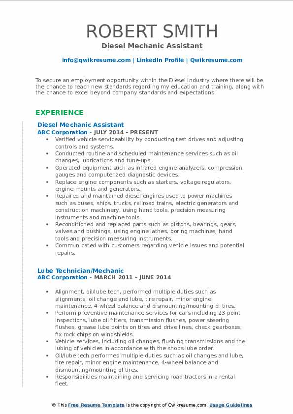 Download Free Diesel Mechanic Assistant Resume Docx Word Template On 