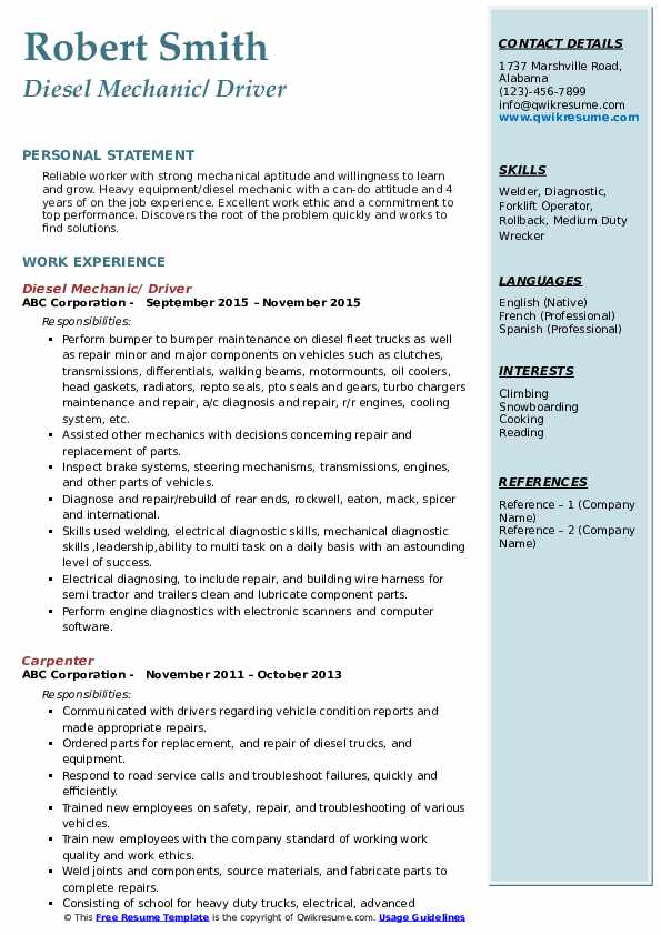 Download Free Diesel Mechanic/ Driver Resume .Docx (Word) Template on