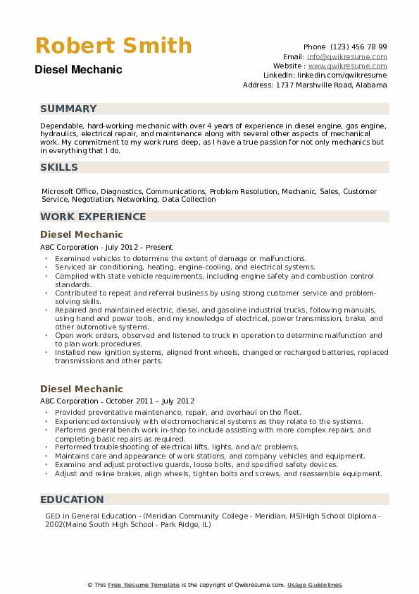 Diesel Mechanic Resume .Docx (Word)