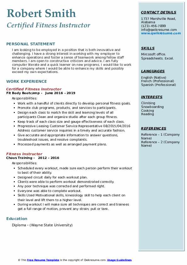 Download Free Certified Fitness Instructor Resume Certified Fitness 