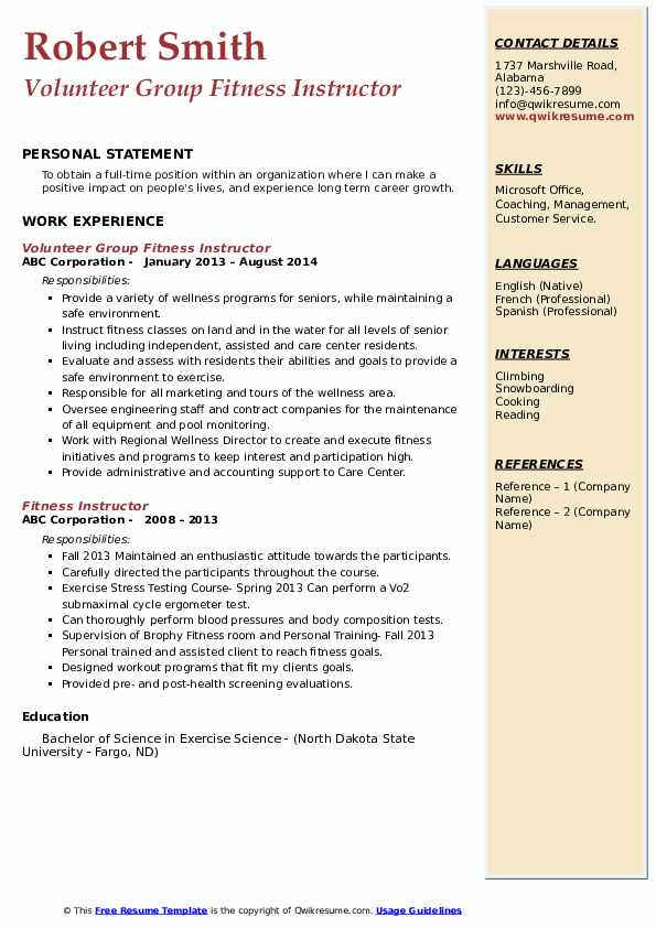 Download Free Volunteer Group Fitness Instructor Resume Volunteer 