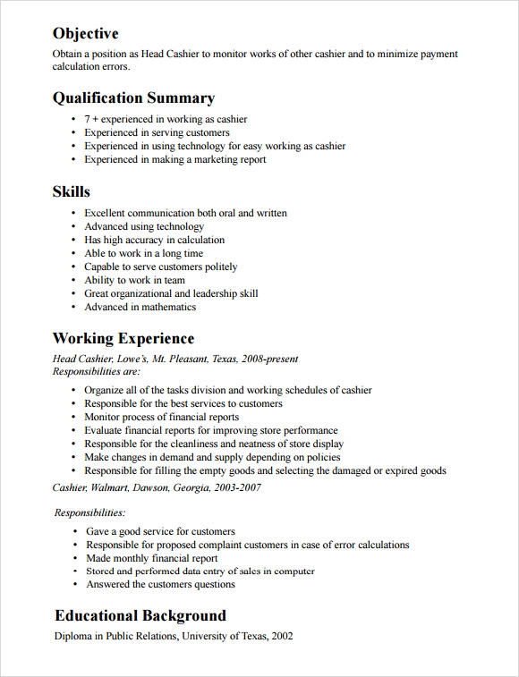 general objective for resume cashier