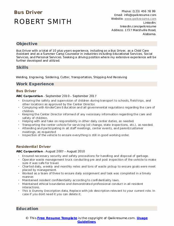 bus driver summary for resume