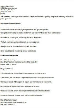 Diesel Mechanic Helper Resume