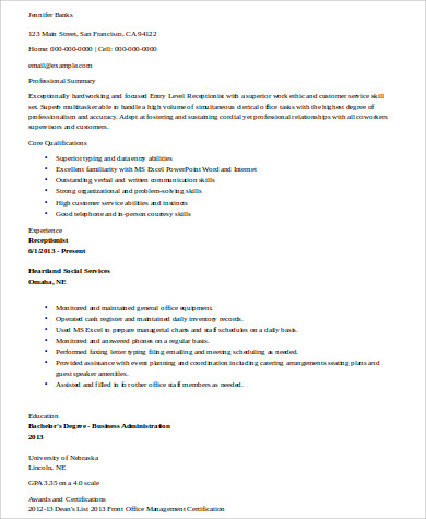 Entry Level Receptionist Resume .Docx (Word)