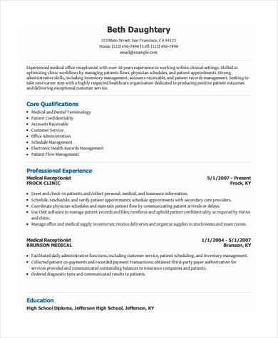 resume format for hospital front office executive