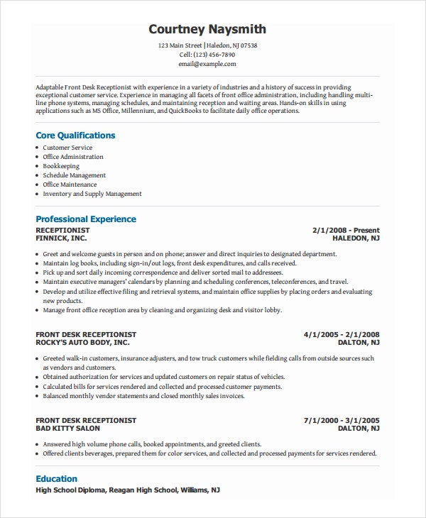 Download Free Front Office Receptionist Resume .Docx (Word) Template on