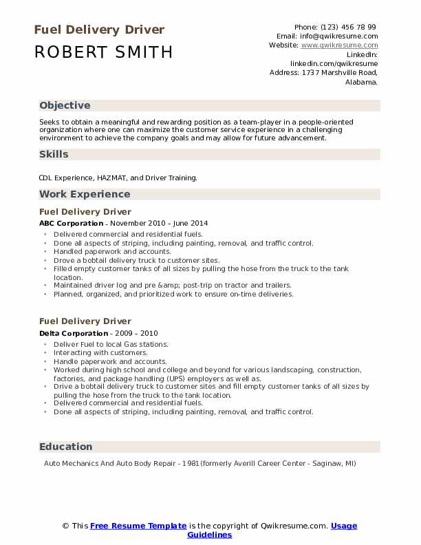 Fuel Delivery Driver Resume .Docx (Word)