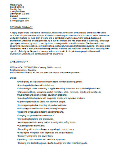 Mechanical Technician Resume .Docx (Word)