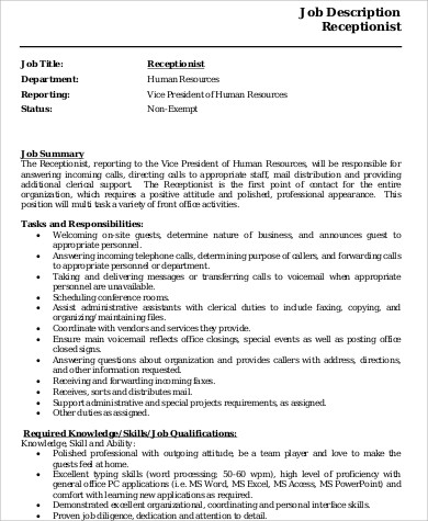 receptionist resume job description