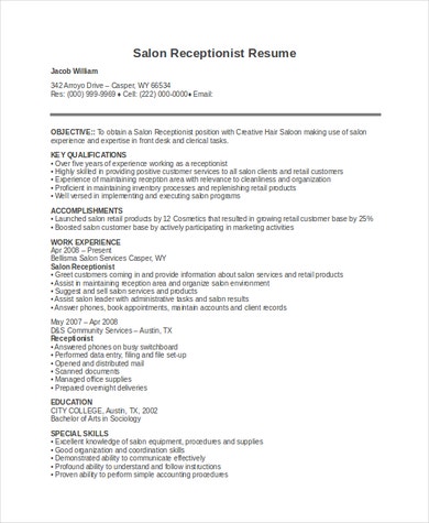 resume for receptionist at salon