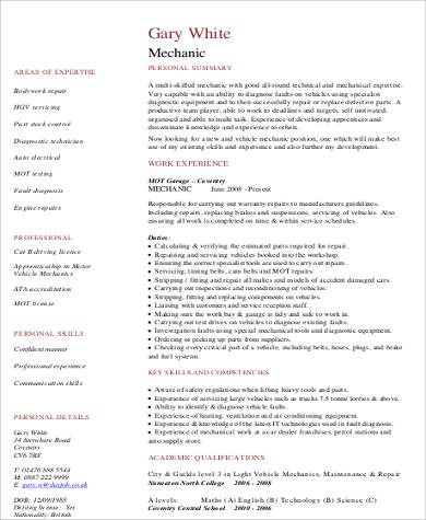Sample Mechanic Resume .Docx (Word)