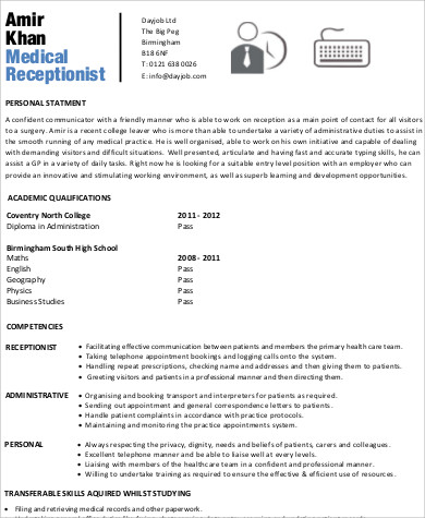 Sample Medical Receptionist Resume .Docx (Word)