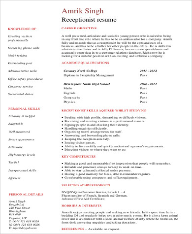 Student Receptionist Resume Format .Docx (Word)
